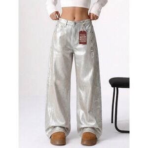 NEW Lucky Brand Legend Silver Metallic Barrel Leg Jeans High Rise Ankle 4/27 A